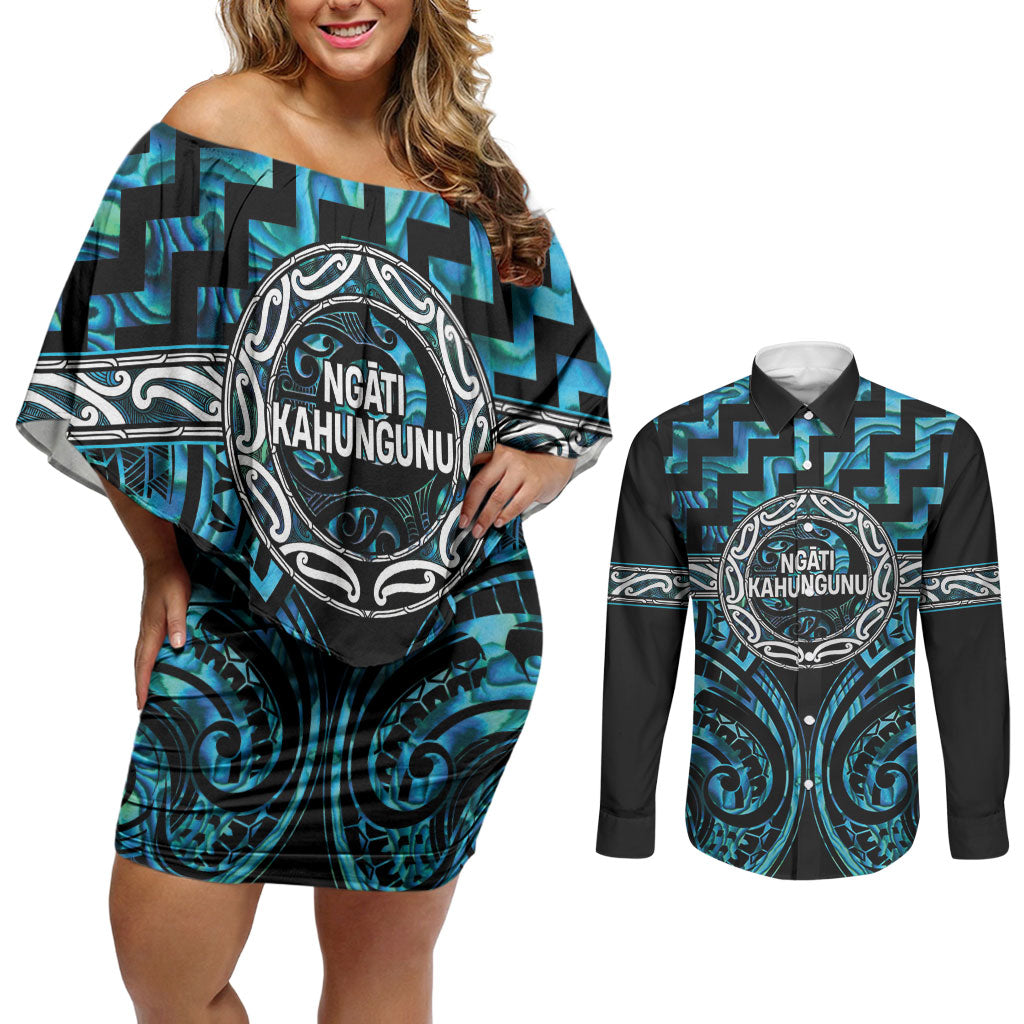 Aotearoa Ngati Kahungunu Personalised Couples Matching Off Shoulder Short Dress and Long Sleeve Button Shirt Maori Iwi Poutama Puhoro Tattoo