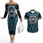 Aotearoa Ngati Kahungunu Personalised Couples Matching Off The Shoulder Long Sleeve Dress and Hawaiian Shirt Maori Iwi Poutama Puhoro Tattoo
