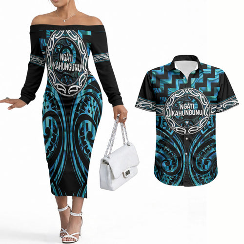 Aotearoa Ngati Kahungunu Personalised Couples Matching Off The Shoulder Long Sleeve Dress and Hawaiian Shirt Maori Iwi Poutama Puhoro Tattoo