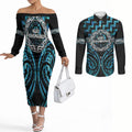 Aotearoa Ngati Kahungunu Personalised Couples Matching Off The Shoulder Long Sleeve Dress and Long Sleeve Button Shirt Maori Iwi Poutama Puhoro Tattoo