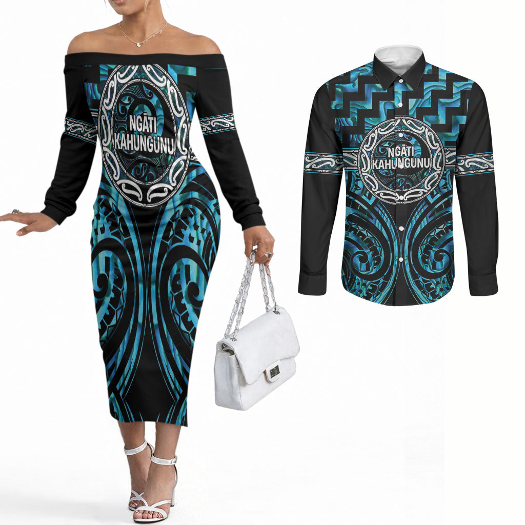 Aotearoa Ngati Kahungunu Personalised Couples Matching Off The Shoulder Long Sleeve Dress and Long Sleeve Button Shirt Maori Iwi Poutama Puhoro Tattoo