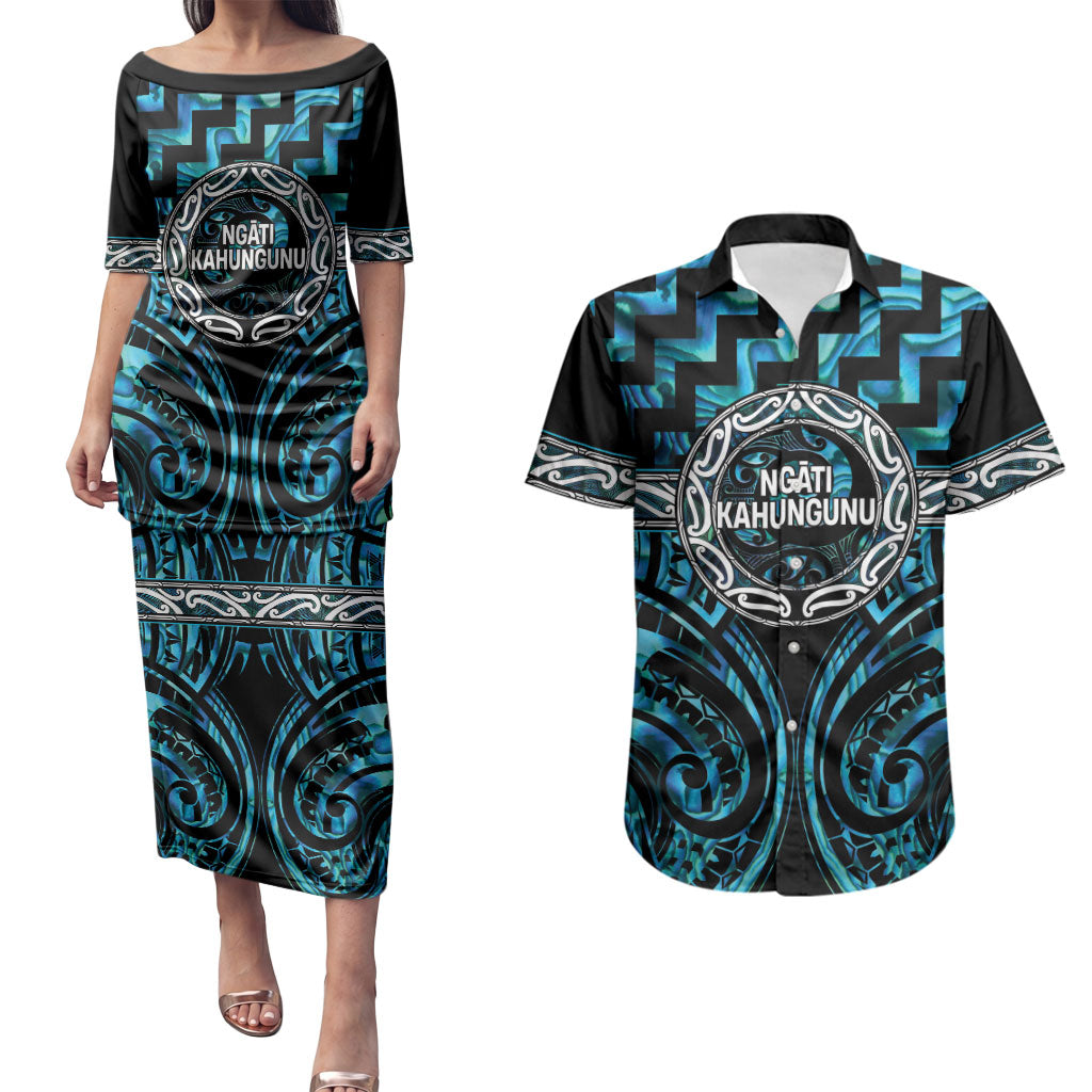 Aotearoa Ngati Kahungunu Personalised Couples Matching Puletasi and Hawaiian Shirt Maori Iwi Poutama Puhoro Tattoo