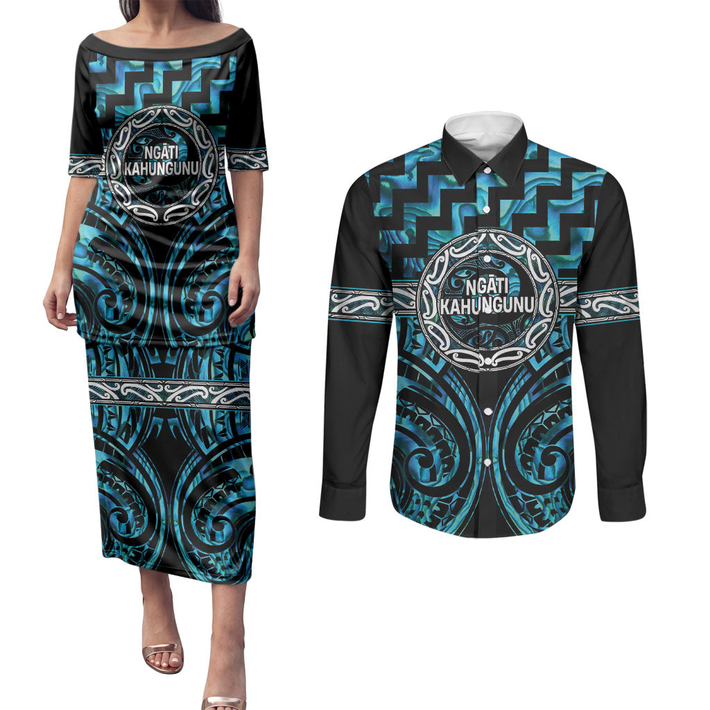 Aotearoa Ngati Kahungunu Personalised Couples Matching Puletasi and Long Sleeve Button Shirt Maori Iwi Poutama Puhoro Tattoo