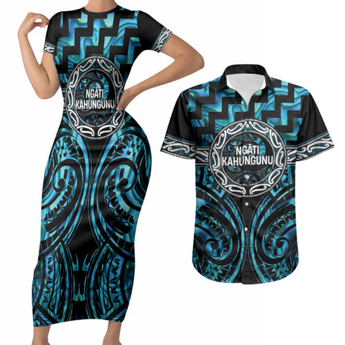 Aotearoa Ngati Kahungunu Personalised Couples Matching Short Sleeve Bodycon Dress and Hawaiian Shirt Maori Iwi Poutama Puhoro Tattoo