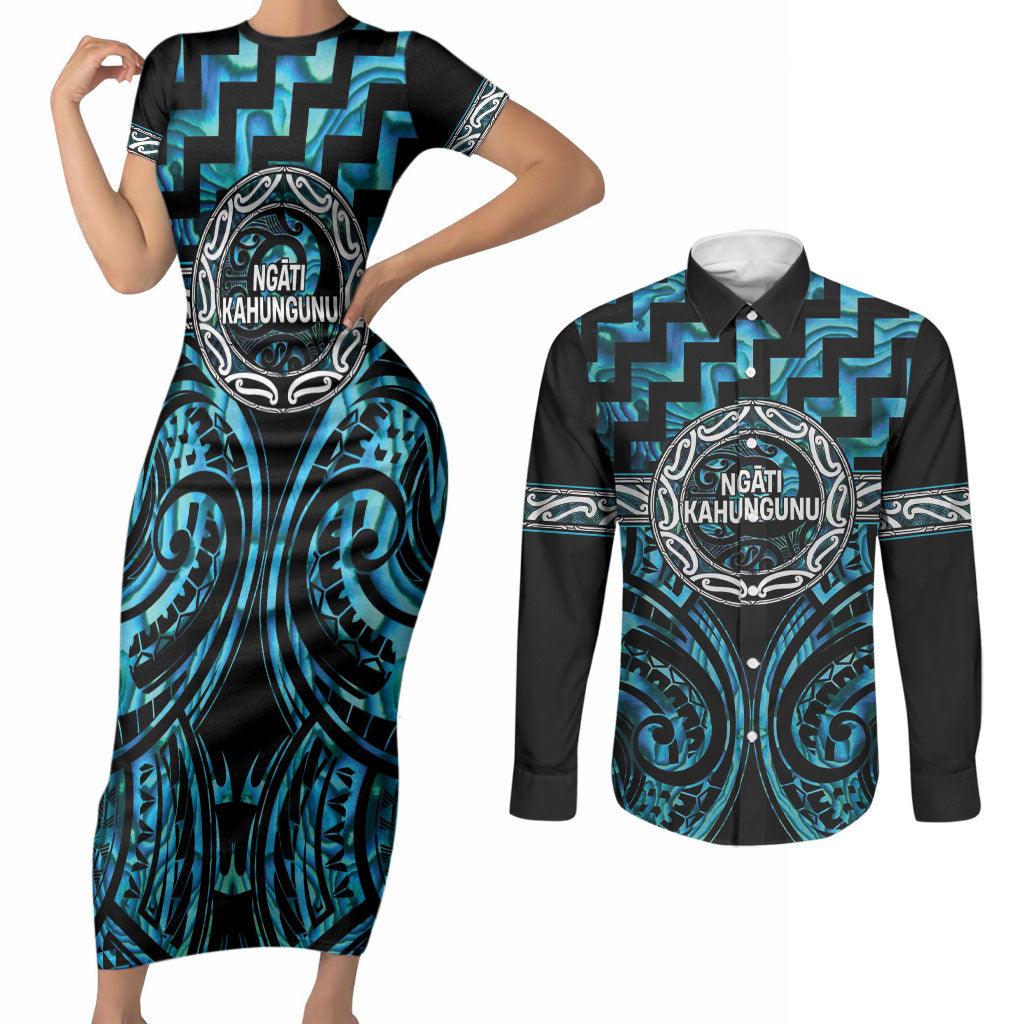 Aotearoa Ngati Kahungunu Personalised Couples Matching Short Sleeve Bodycon Dress and Long Sleeve Button Shirt Maori Iwi Poutama Puhoro Tattoo