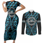 Aotearoa Ngati Kahungunu Personalised Couples Matching Short Sleeve Bodycon Dress and Long Sleeve Button Shirt Maori Iwi Poutama Puhoro Tattoo