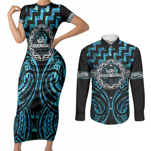 Aotearoa Ngati Kahungunu Personalised Couples Matching Short Sleeve Bodycon Dress and Long Sleeve Button Shirt Maori Iwi Poutama Puhoro Tattoo