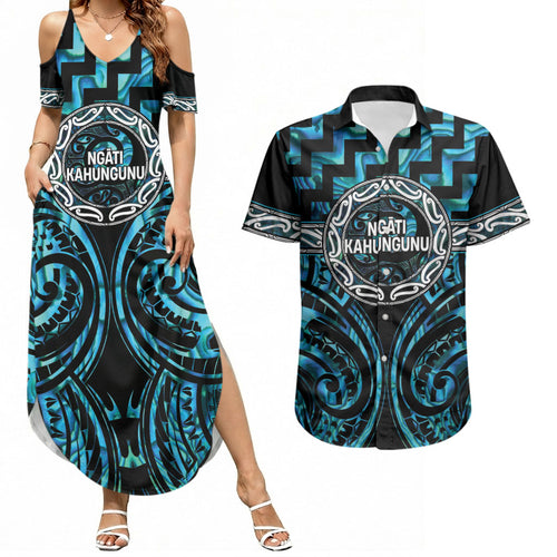 Aotearoa Ngati Kahungunu Personalised Couples Matching Summer Maxi Dress and Hawaiian Shirt Maori Iwi Poutama Puhoro Tattoo