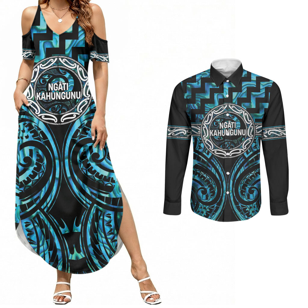 Aotearoa Ngati Kahungunu Personalised Couples Matching Summer Maxi Dress and Long Sleeve Button Shirt Maori Iwi Poutama Puhoro Tattoo