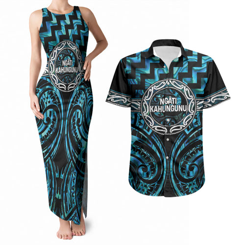 Aotearoa Ngati Kahungunu Personalised Couples Matching Tank Maxi Dress and Hawaiian Shirt Maori Iwi Poutama Puhoro Tattoo