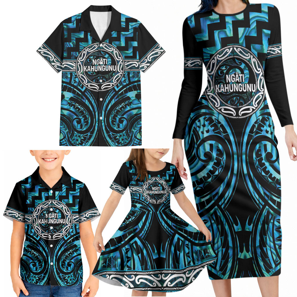 Aotearoa Ngati Kahungunu Personalised Family Matching Long Sleeve Bodycon Dress and Hawaiian Shirt Maori Iwi Poutama Puhoro Tattoo