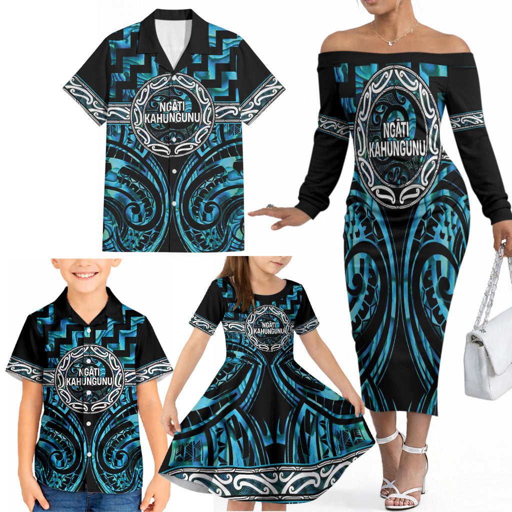 Aotearoa Ngati Kahungunu Personalised Family Matching Off The Shoulder Long Sleeve Dress and Hawaiian Shirt Maori Iwi Poutama Puhoro Tattoo