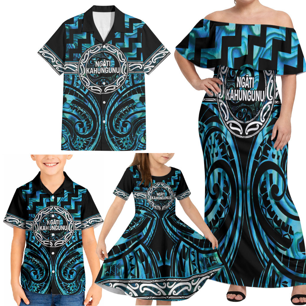 Aotearoa Ngati Kahungunu Personalised Family Matching Off Shoulder Maxi Dress and Hawaiian Shirt Maori Iwi Poutama Puhoro Tattoo
