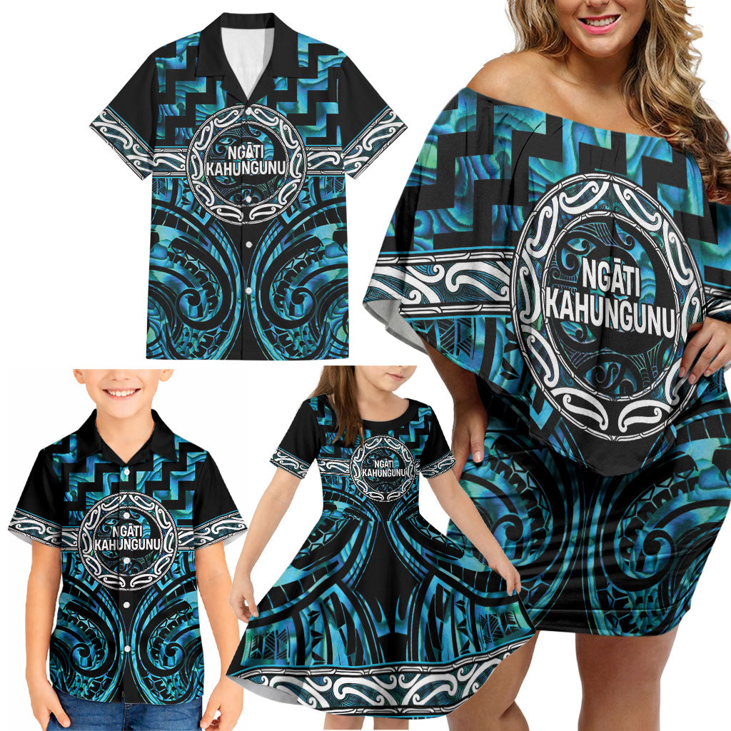 Aotearoa Ngati Kahungunu Personalised Family Matching Off Shoulder Short Dress and Hawaiian Shirt Maori Iwi Poutama Puhoro Tattoo