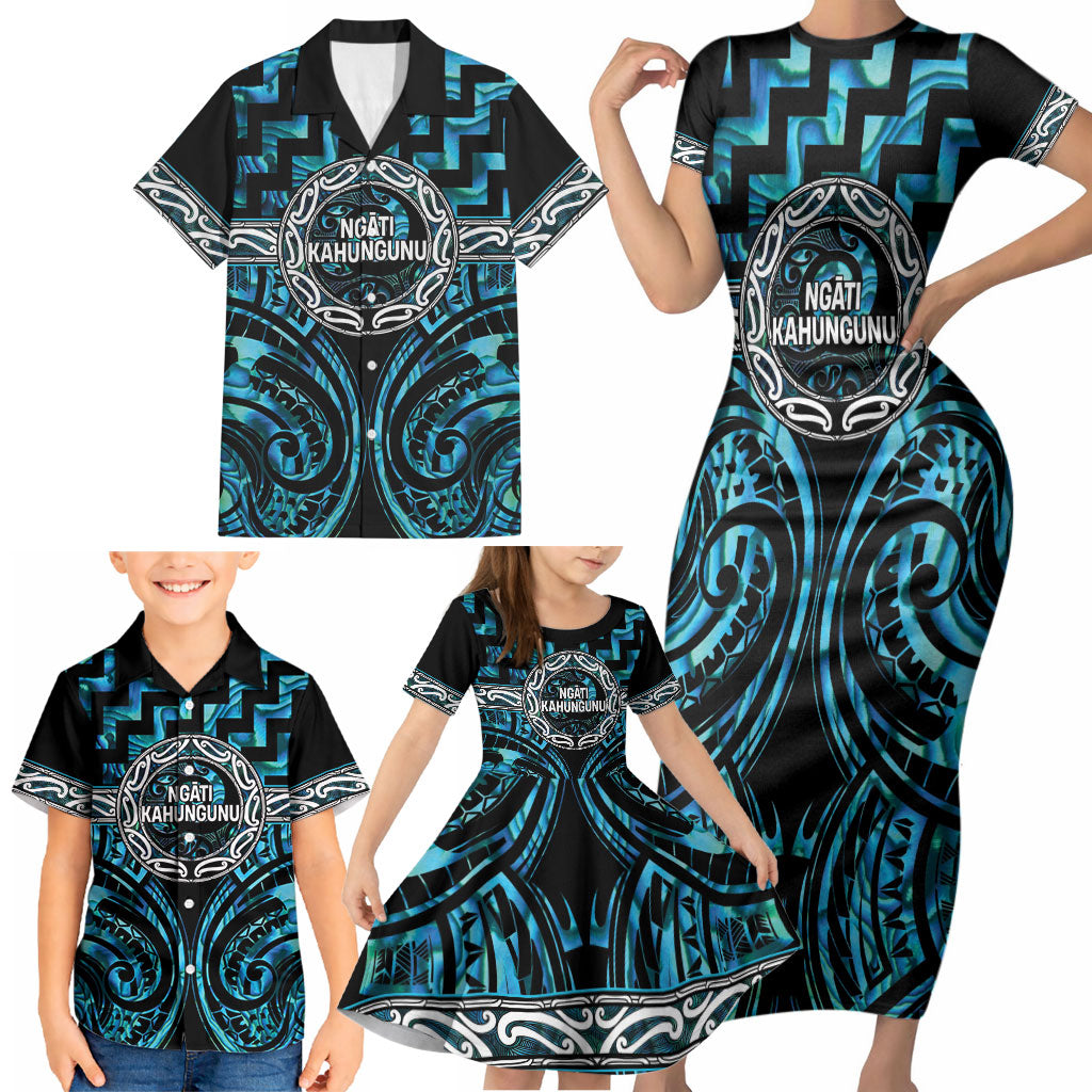 Aotearoa Ngati Kahungunu Personalised Family Matching Short Sleeve Bodycon Dress and Hawaiian Shirt Maori Iwi Poutama Puhoro Tattoo
