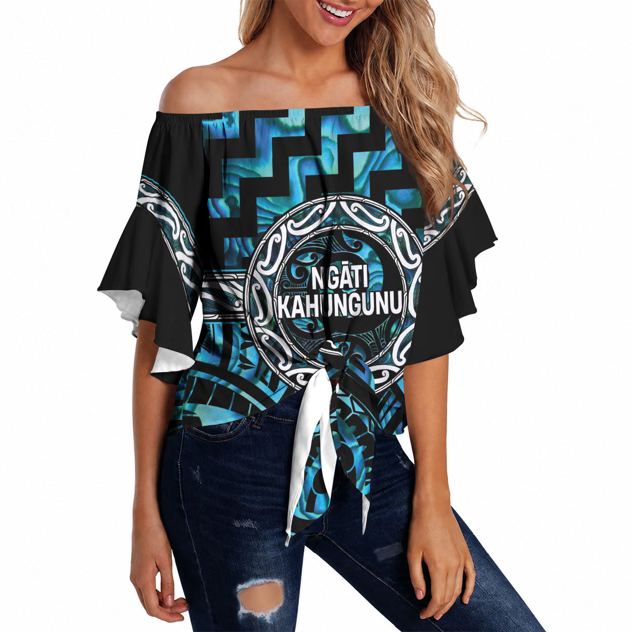 Aotearoa Ngati Kahungunu Personalised Off Shoulder Wrap Waist Top Maori Iwi Poutama Puhoro Tattoo