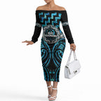 Aotearoa Ngati Kahungunu Personalised Off The Shoulder Long Sleeve Dress Maori Iwi Poutama Puhoro Tattoo