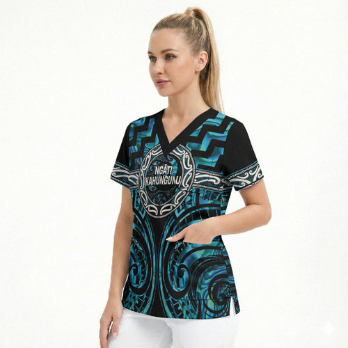 Aotearoa Ngati Kahungunu Personalised Scrub Top Maori Iwi Poutama Puhoro Tattoo