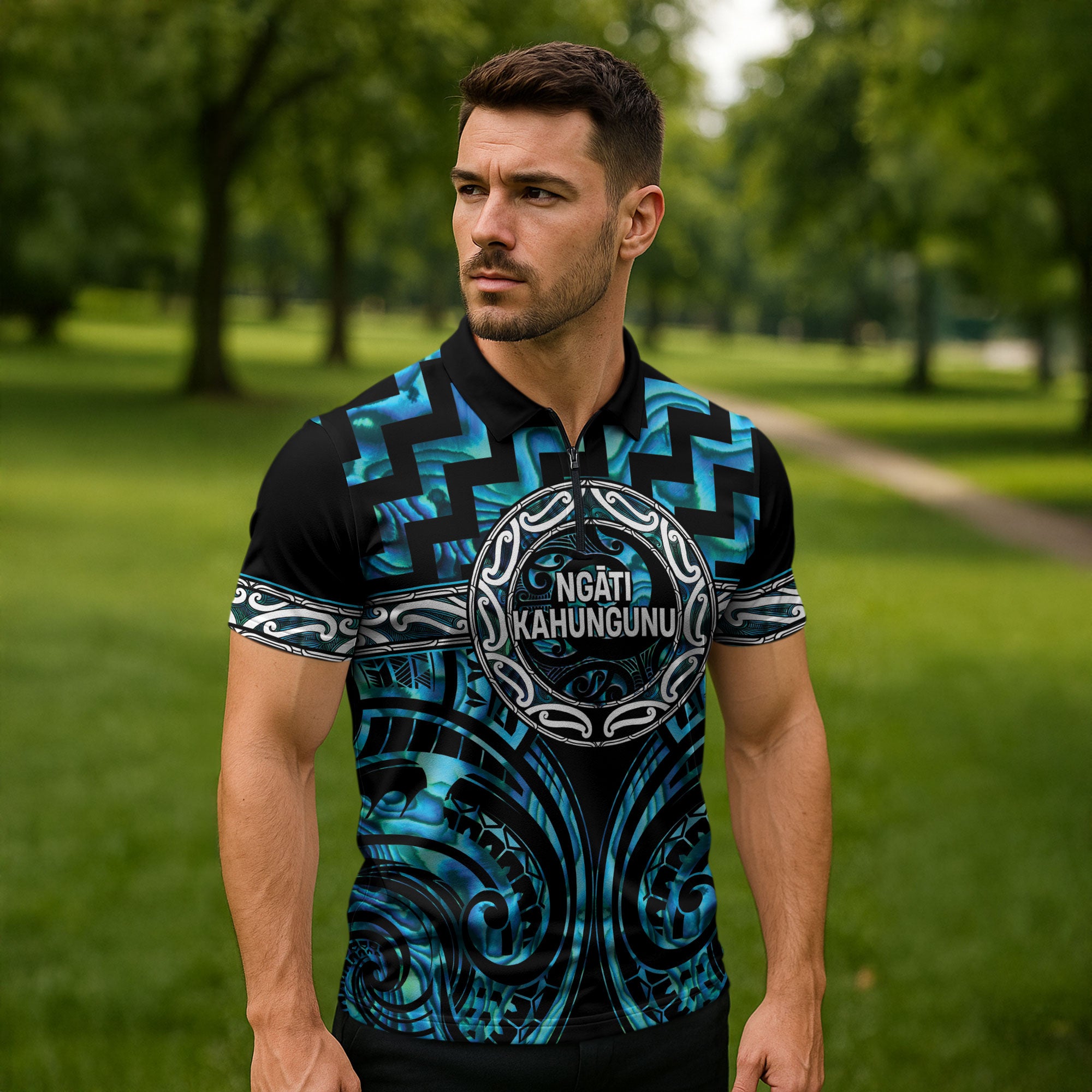 Aotearoa Ngati Kahungunu Personalised Zipper Polo Shirt Maori Iwi Poutama Puhoro Tattoo