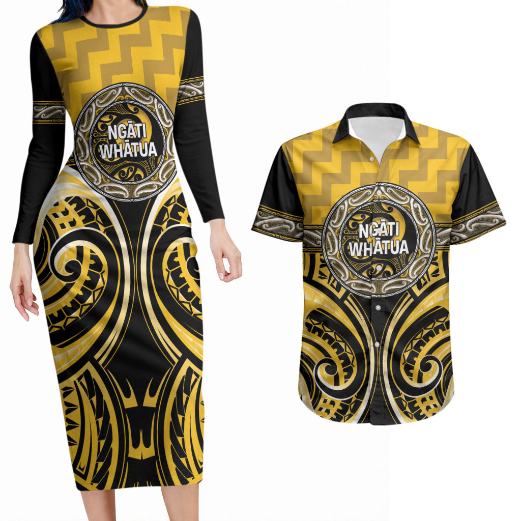 Aotearoa Ngati Whatua Personalised Couples Matching Long Sleeve Bodycon Dress and Hawaiian Shirt Maori Iwi Poutama Puhoro Tattoo