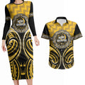 Aotearoa Ngati Whatua Personalised Couples Matching Long Sleeve Bodycon Dress and Hawaiian Shirt Maori Iwi Poutama Puhoro Tattoo