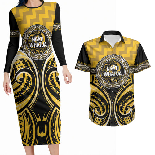 Aotearoa Ngati Whatua Personalised Couples Matching Long Sleeve Bodycon Dress and Hawaiian Shirt Maori Iwi Poutama Puhoro Tattoo