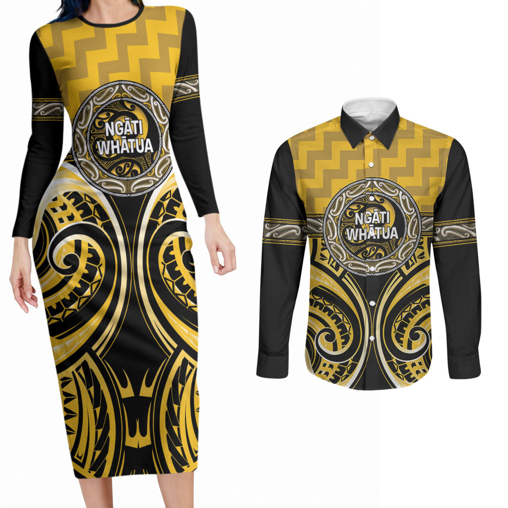 Aotearoa Ngati Whatua Personalised Couples Matching Long Sleeve Bodycon Dress and Long Sleeve Button Shirt Maori Iwi Poutama Puhoro Tattoo