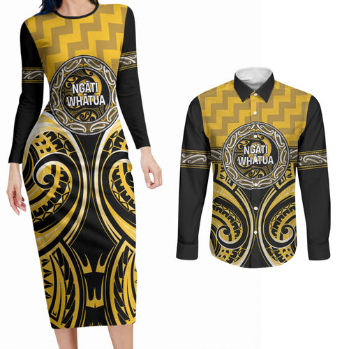 Aotearoa Ngati Whatua Personalised Couples Matching Long Sleeve Bodycon Dress and Long Sleeve Button Shirt Maori Iwi Poutama Puhoro Tattoo