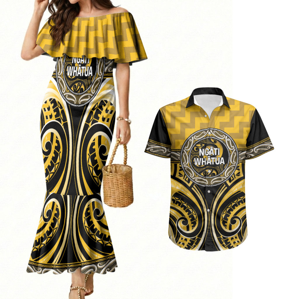 Aotearoa Ngati Whatua Personalised Couples Matching Mermaid Dress and Hawaiian Shirt Maori Iwi Poutama Puhoro Tattoo
