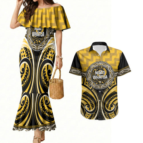 Aotearoa Ngati Whatua Personalised Couples Matching Mermaid Dress and Hawaiian Shirt Maori Iwi Poutama Puhoro Tattoo