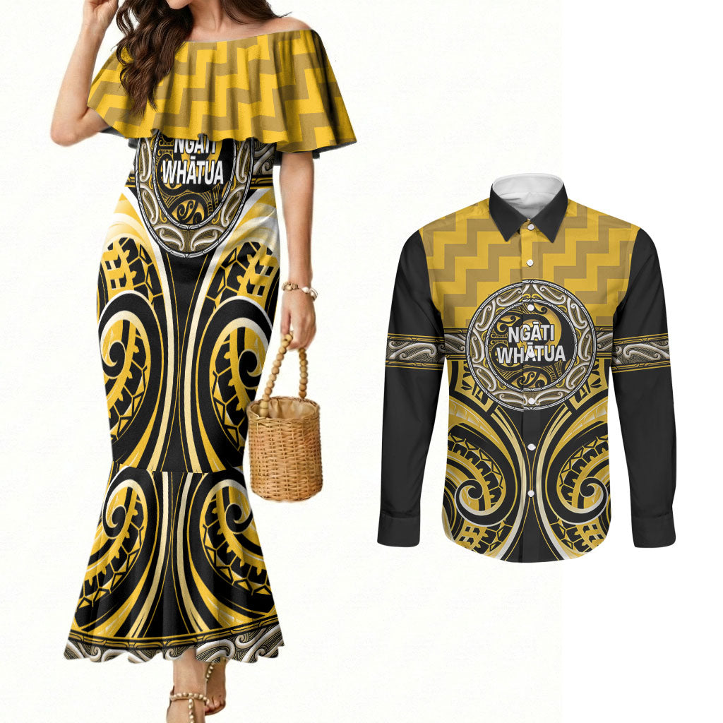 Aotearoa Ngati Whatua Personalised Couples Matching Mermaid Dress and Long Sleeve Button Shirt Maori Iwi Poutama Puhoro Tattoo