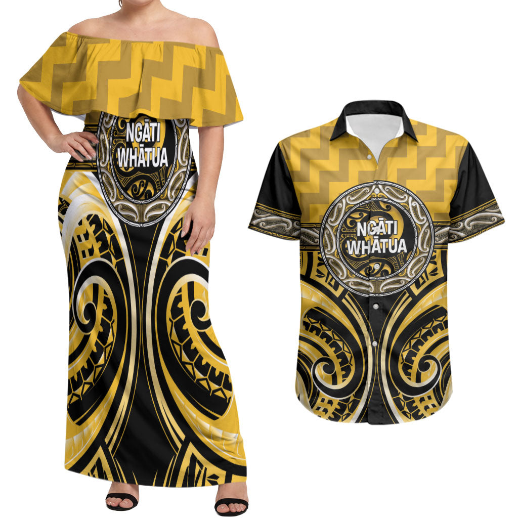 Aotearoa Ngati Whatua Personalised Couples Matching Off Shoulder Maxi Dress and Hawaiian Shirt Maori Iwi Poutama Puhoro Tattoo