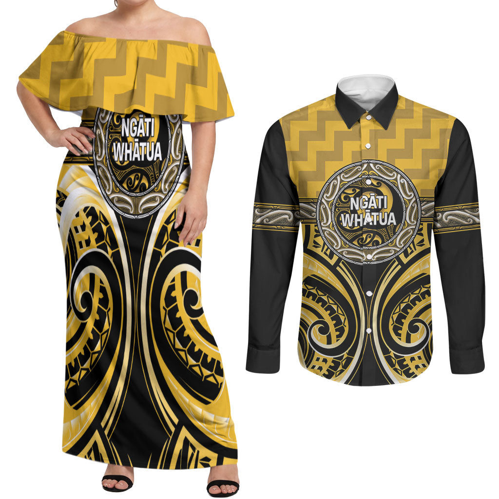 Aotearoa Ngati Whatua Personalised Couples Matching Off Shoulder Maxi Dress and Long Sleeve Button Shirt Maori Iwi Poutama Puhoro Tattoo