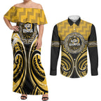 Aotearoa Ngati Whatua Personalised Couples Matching Off Shoulder Maxi Dress and Long Sleeve Button Shirt Maori Iwi Poutama Puhoro Tattoo