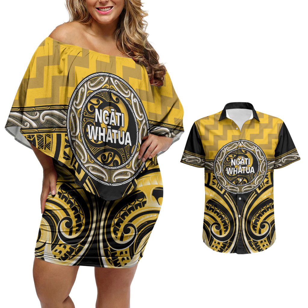 Aotearoa Ngati Whatua Personalised Couples Matching Off Shoulder Short Dress and Hawaiian Shirt Maori Iwi Poutama Puhoro Tattoo