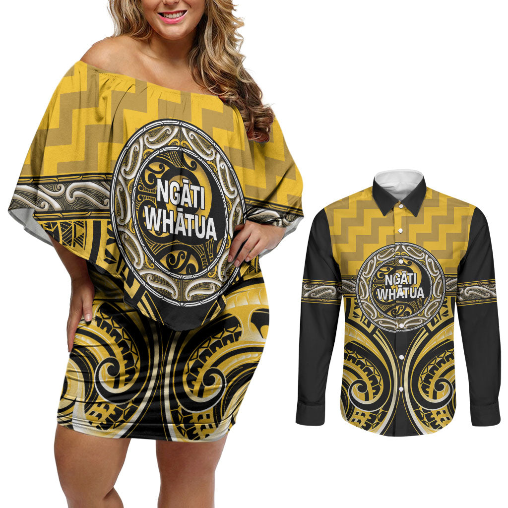 Aotearoa Ngati Whatua Personalised Couples Matching Off Shoulder Short Dress and Long Sleeve Button Shirt Maori Iwi Poutama Puhoro Tattoo