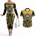 Aotearoa Ngati Whatua Personalised Couples Matching Off The Shoulder Long Sleeve Dress and Hawaiian Shirt Maori Iwi Poutama Puhoro Tattoo