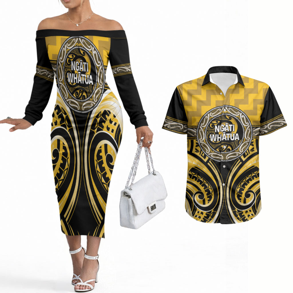 Aotearoa Ngati Whatua Personalised Couples Matching Off The Shoulder Long Sleeve Dress and Hawaiian Shirt Maori Iwi Poutama Puhoro Tattoo