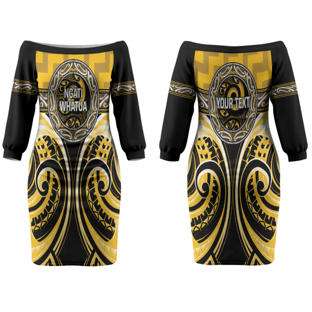 Aotearoa Ngati Whatua Personalised Couples Matching Off The Shoulder Long Sleeve Dress and Hawaiian Shirt Maori Iwi Poutama Puhoro Tattoo