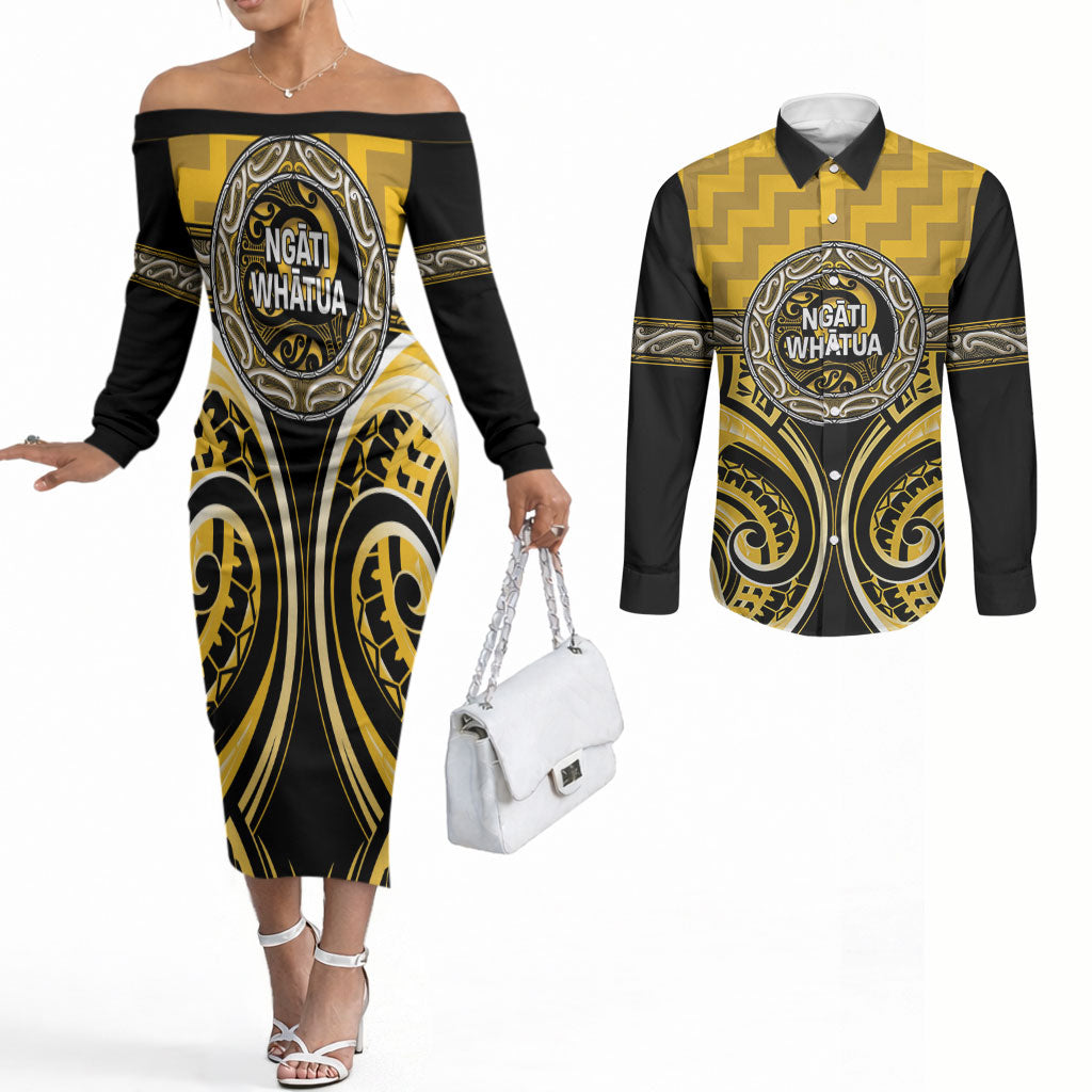 Aotearoa Ngati Whatua Personalised Couples Matching Off The Shoulder Long Sleeve Dress and Long Sleeve Button Shirt Maori Iwi Poutama Puhoro Tattoo