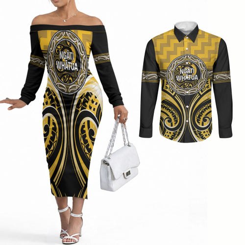 Aotearoa Ngati Whatua Personalised Couples Matching Off The Shoulder Long Sleeve Dress and Long Sleeve Button Shirt Maori Iwi Poutama Puhoro Tattoo