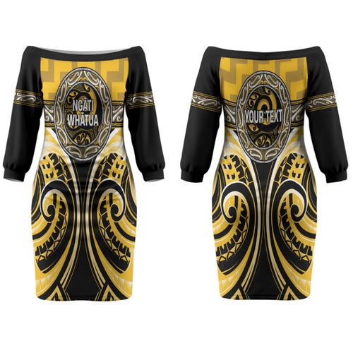 Aotearoa Ngati Whatua Personalised Couples Matching Off The Shoulder Long Sleeve Dress and Long Sleeve Button Shirt Maori Iwi Poutama Puhoro Tattoo