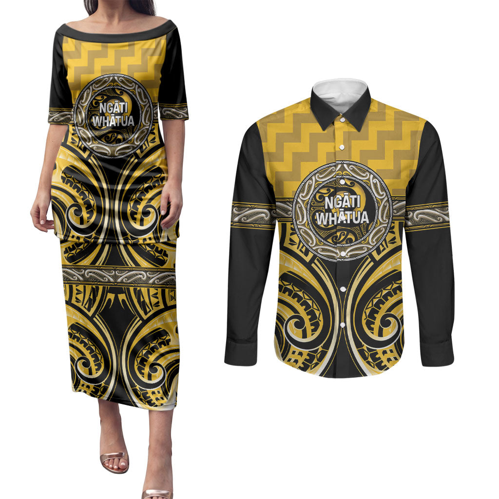 Aotearoa Ngati Whatua Personalised Couples Matching Puletasi and Long Sleeve Button Shirt Maori Iwi Poutama Puhoro Tattoo
