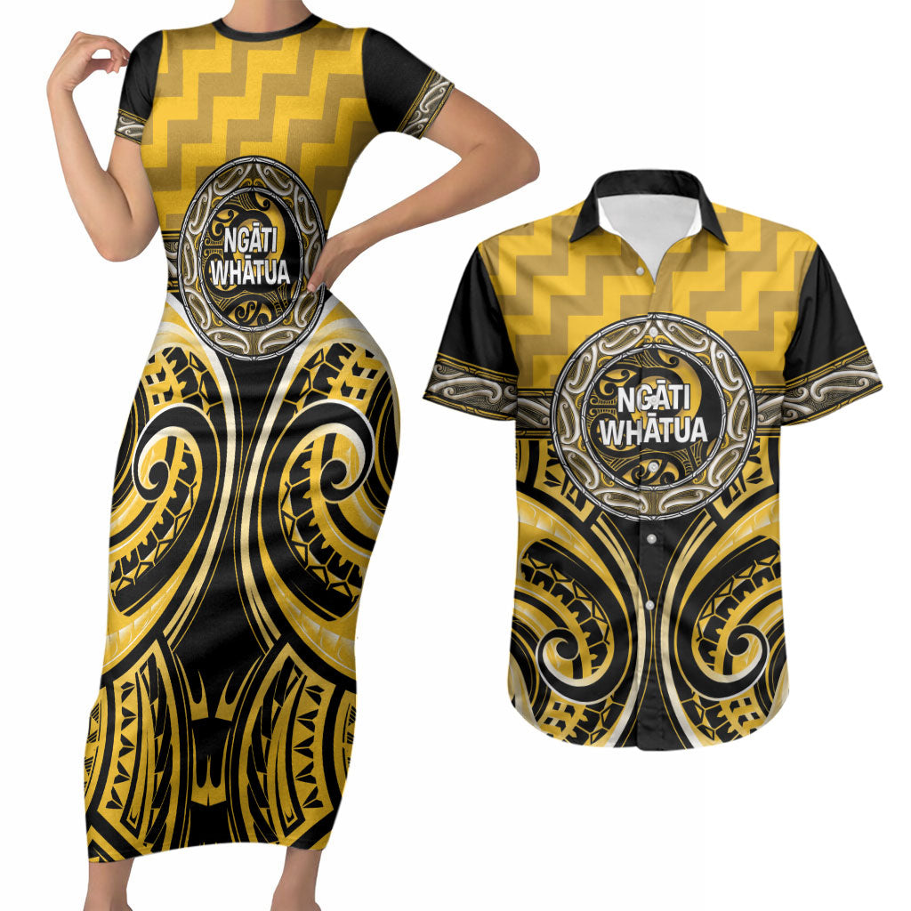 Aotearoa Ngati Whatua Personalised Couples Matching Short Sleeve Bodycon Dress and Hawaiian Shirt Maori Iwi Poutama Puhoro Tattoo