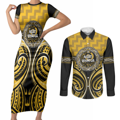 Aotearoa Ngati Whatua Personalised Couples Matching Short Sleeve Bodycon Dress and Long Sleeve Button Shirt Maori Iwi Poutama Puhoro Tattoo