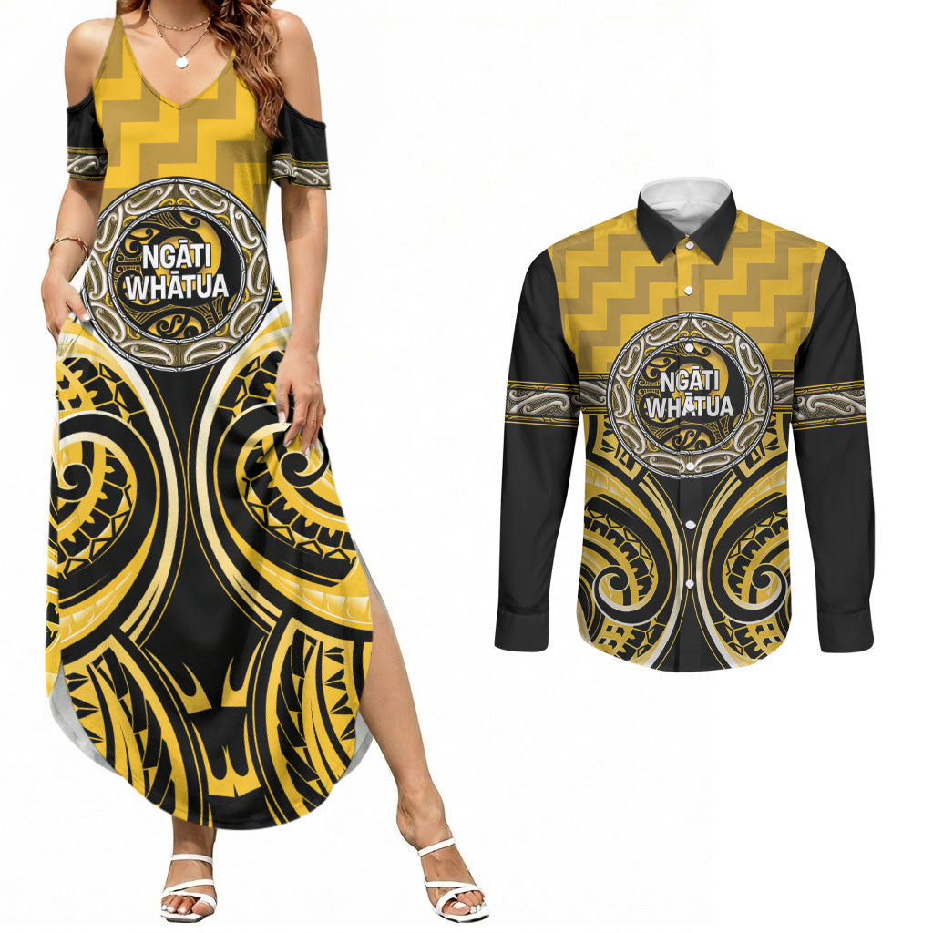 Aotearoa Ngati Whatua Personalised Couples Matching Summer Maxi Dress and Long Sleeve Button Shirt Maori Iwi Poutama Puhoro Tattoo