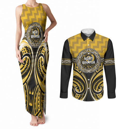 Aotearoa Ngati Whatua Personalised Couples Matching Tank Maxi Dress and Long Sleeve Button Shirt Maori Iwi Poutama Puhoro Tattoo