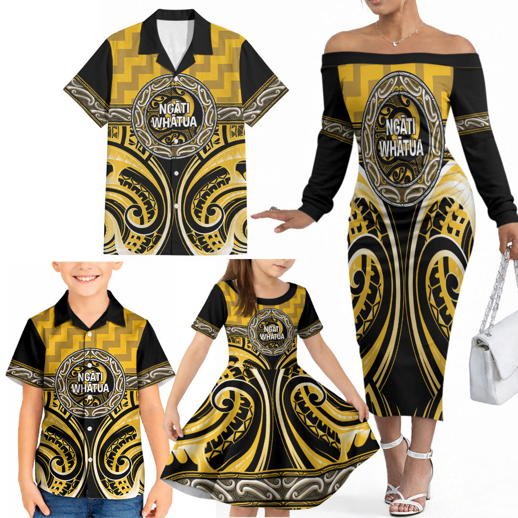 Aotearoa Ngati Whatua Personalised Family Matching Off The Shoulder Long Sleeve Dress and Hawaiian Shirt Maori Iwi Poutama Puhoro Tattoo