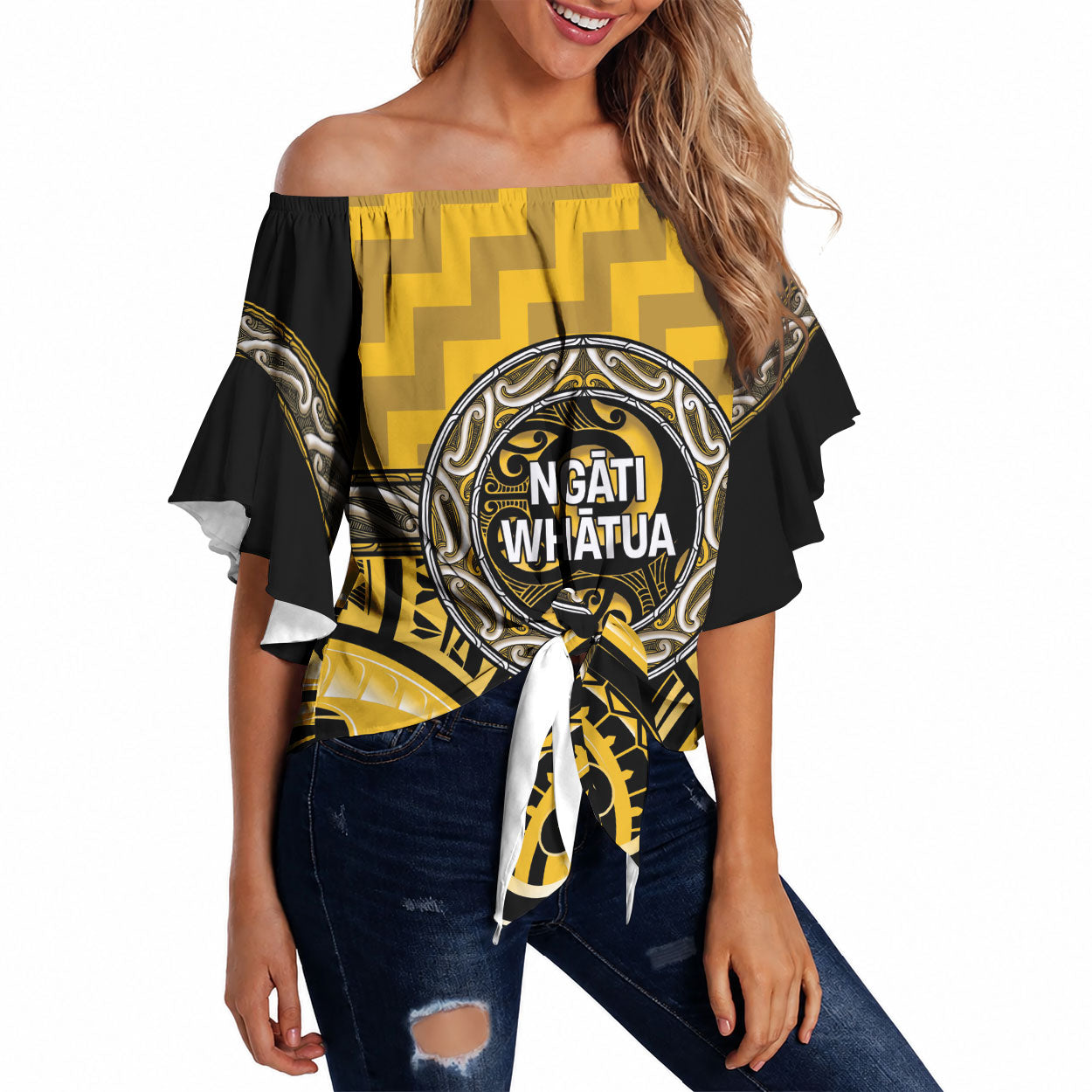 Aotearoa Ngati Whatua Personalised Off Shoulder Wrap Waist Top Maori Iwi Poutama Puhoro Tattoo