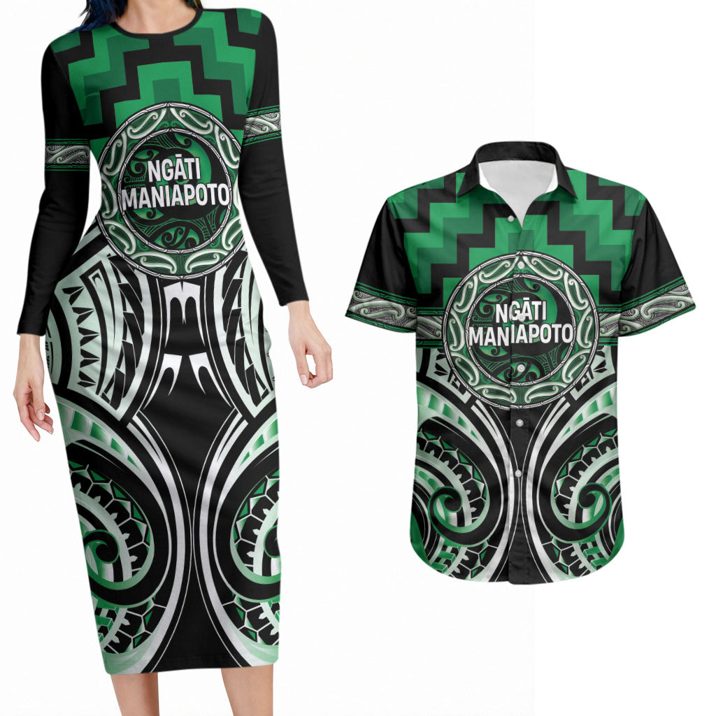 Aotearoa Ngati Maniapoto Personalised Couples Matching Long Sleeve Bodycon Dress and Hawaiian Shirt Maori Iwi Poutama Puhoro Tattoo